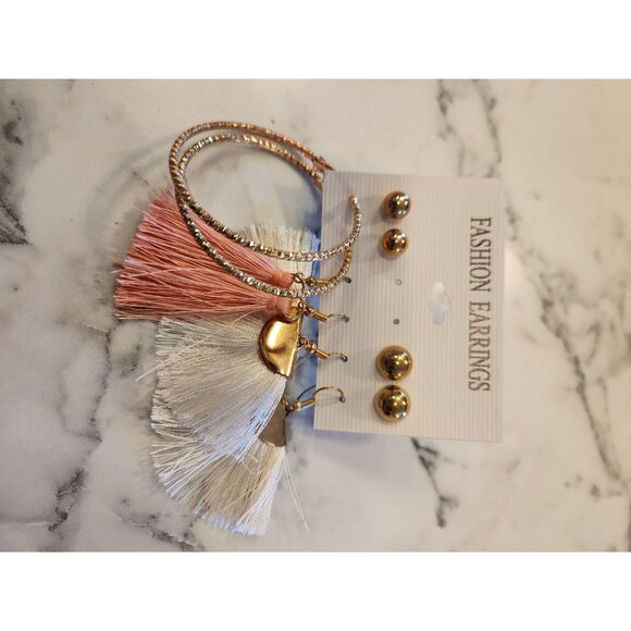 Fashion Earrings Set Of 5 Pairs Tassels Studs & Hoops In Gold Tone For Women - Picture 5 of 5